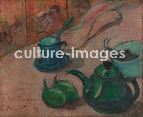Émile Bernard, Stillleben mit Teekanne, Tasse und Früchten.