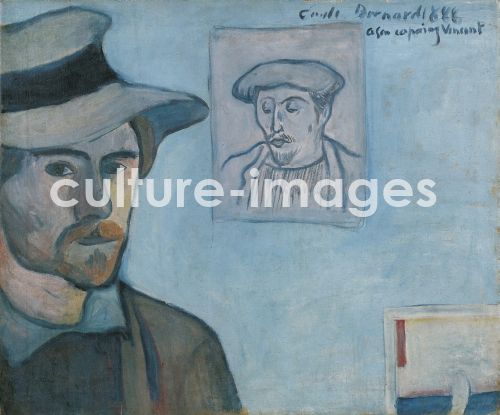 Émile Bernard, Selbstbildnis mit Porträt von Gauguin.