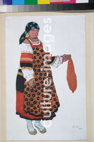 Léon Bakst, Bäuerin. Kostümentwurf zum Vaudeville Altes Moskau im Théâtre Femina in Paris