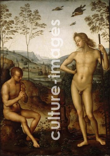Perugino, Perugino (um 1450-1523), Apollon und Marsyas (Apollon und Daphnis), Öl auf Holz, Renaissance, um 1497, Italien, Schule von Perugia, Musée du Louvre, Paris, .