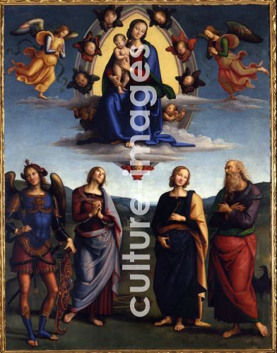 Perugino, Perugino (um 1450-1523), Madonna in der Glorie mit Heiligen (Pala Scarani), Öl auf Holz, Renaissance, um 1500, Italien, Schule von Perugia, Pinacoteca Nazionale di Bologna, .