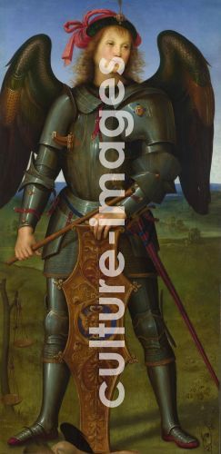 Perugino, Perugino (um 1450-1523), Der Erzengel Michael (Aus dem Altartriptychon der Certosa von Pavia), Öl auf Holz, Renaissance, um 1500, Italien, Schule von Perugia, Nationale Galerie, London, .