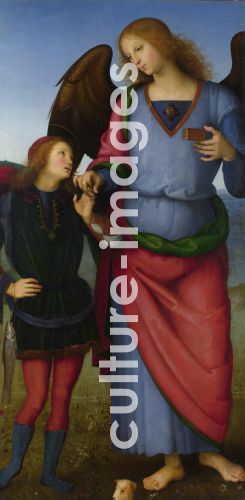 Perugino, Perugino (um 1450-1523), Der Erzengel Raphael und Tobias (Aus dem Altartriptychon der Certosa von Pavia), Öl auf Holz, Renaissance, um 1500, Italien, Schule von Perugia, Nationale Galerie, London, .