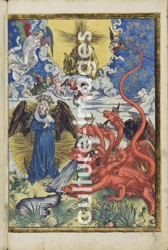 Albrecht Dürer, Die mit der Sonne bekleidete Frau und der siebenköpfige Drache. Aus der Apokalypse (Offenbarung des Johannes)