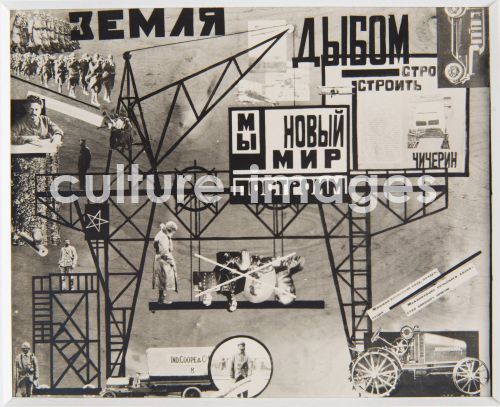 Ljubow Popowa, Popowa, Ljubow Sergejewna (1889-1924), Bühnenbild zum Theaterstück "Die Erde bäumt sich" von S. Tretjakow, Fotomontage, Russische Avantgarde, 1922, Russland, Privatsammlung.