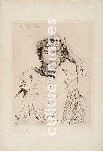 Paul Helleu, Helleu, Paul César (1859-1927), Porträt von Maler James Abbott McNeill Whistler (1834-1903), Kaltnadelradierung, Impressionismus, 1897, Frankreich, Privatsammlung.