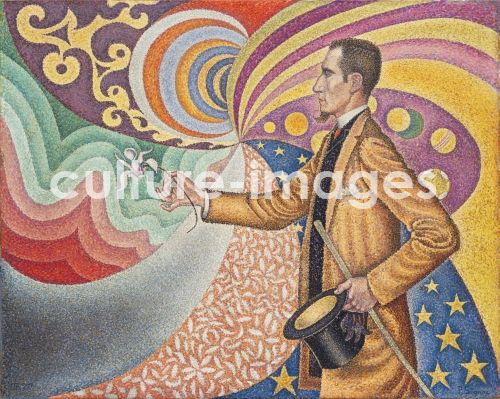 Paul Signac, Opus 217. Auf dem Email eines rhythmischen Fonds aus Maßen und Winkeln, Tönen und Farben, das Porträt von H. Félix Fénéon im Jah