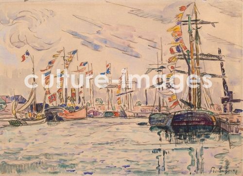 Paul Signac, Segelboot mit Flaggen am Pier von Saint-Malo
