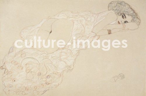 Gustav Klimt, Auf dem Bauch liegender Akt nach rechts