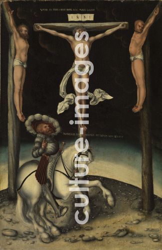 Lucas Cranach der Ältere, The centurion Longinus among the crosses of Christ and the two thieves