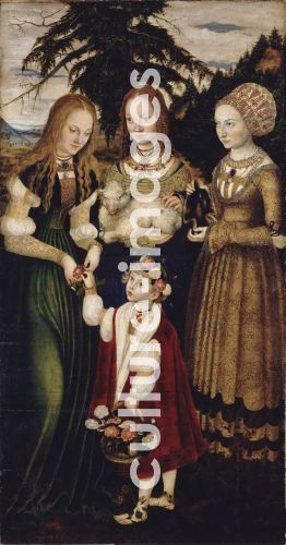 Lucas Cranach der Ältere, Altarpiece with the Martyrdom of Saint Catharine, left wing: The Saints Dorothea, Agnes and Cunigunde