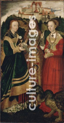 Lucas Cranach der Ältere, Altarpiece with the Martyrdom of Saint Catharine, right wing: The Saint Barbara, Ursula and Margaret