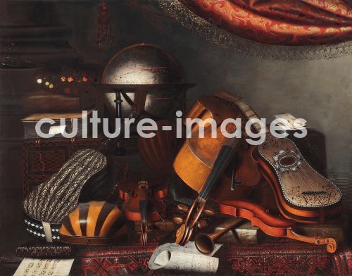 Bartolomeo Bettera, Musical instruments, a globe, books, playing cards and a painter