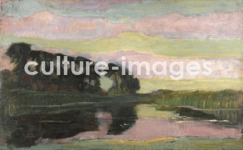 Piet Mondrian, River landscape with pink and yellowgreen sky