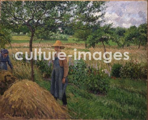 Camille Pissarro, Gardener standing by a haystack, overcast sky, Eragny