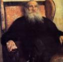 Ilja Jefimowitsch Repin, Porträt des Schriftstellers Leo N. Tolstoi (1828-1910) im rosa Sessel