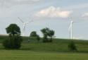 Radfahrer vor Windrädern in Feldern