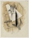 Pablo Picasso, Guitare, bouteille et verre sur une table ronde (projet pour une construction)