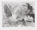 Pablo Picasso, Harpye à tête de taureau, et quatre petites filles sur une tour surmontée d'un drapeau noir
