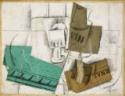 Pablo Picasso, Glass, bottle of wine, tobacco package, newspaper